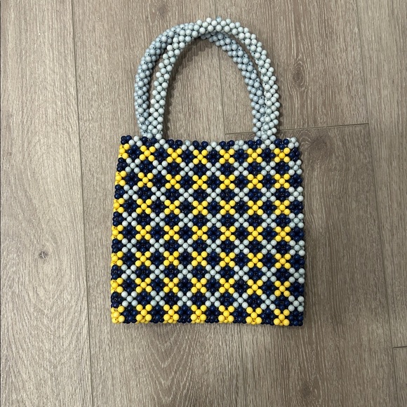 Handbags - Beaded Handbag with Yellow and Blue Pattern